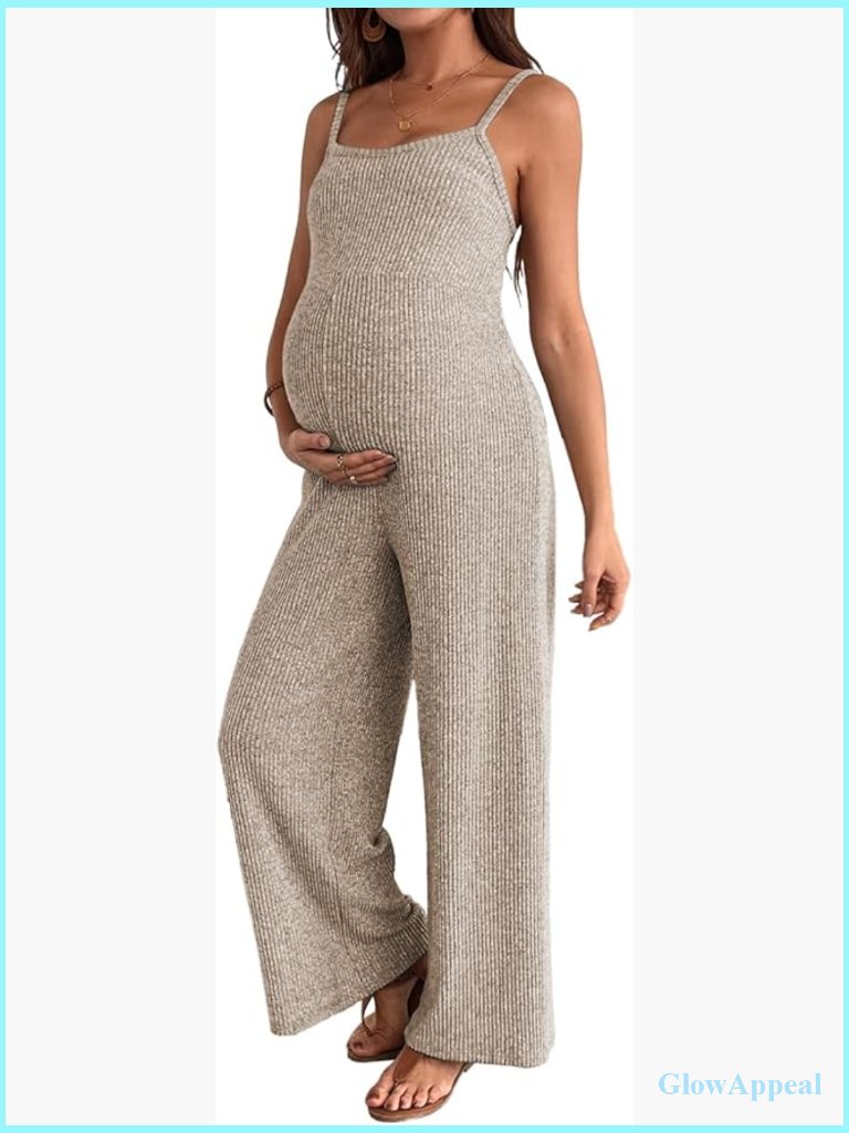 Maternity Ribbed Jumpsuit Sleeveless Square Neck Wide Leg Stretchy One Piece
